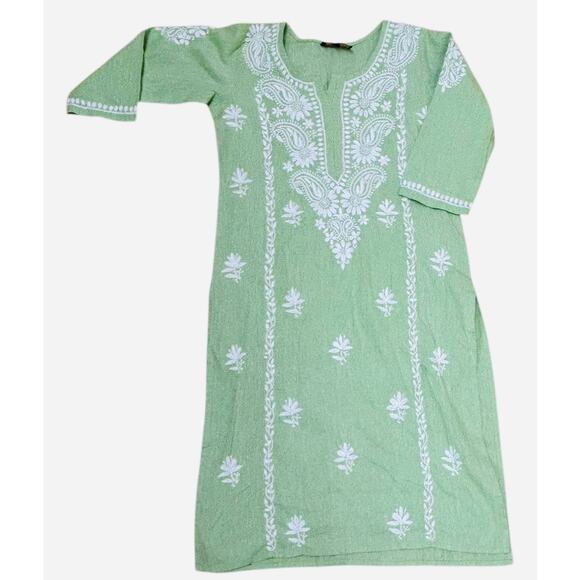 Mahpara Chikankari Tunic Dress Small Light Green White Embroidered‎ Ethnic Kurta - Picture 4 of 8